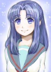 Rule 34 | 1girl, asakura ryouko, blue eyes, blue hair, gradient background, kokko, long hair, matching hair/eyes, school uniform, serafuku, smile, solo, suzumiya haruhi no yuuutsu
