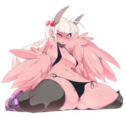 Rule 34 | 1girl, bad id, bad tumblr id, beads, blush, breasts, collar, colored skin, hair beads, hair ornament, harpy, heart, heart-shaped pupils, horns, leggings, looking at viewer, lowres, monster girl, open mouth, panties, pink skin, red eyes, slugbox, solo, spread legs, symbol-shaped pupils, underwear, white hair, winged arms, wings