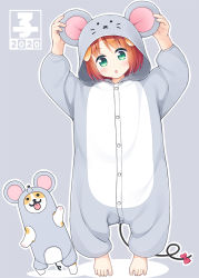 Rule 34 | 1girl, 2020, animal, animal costume, animal ears, arms up, barefoot, blush, bow, brown hair, chestnut mouth, chinese zodiac, commentary request, dog, dog ears, fake animal ears, full body, green eyes, grey background, inuarashi, long sleeves, meiko (vocaloid), mouse costume, mouse ears, mouse tail, original, outline, parted lips, puffy long sleeves, puffy sleeves, red bow, shadow, solo, standing, tail, tail bow, tail ornament, vocaloid, white outline, year of the rat