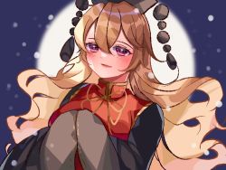 Rule 34 | 1girl, bad id, bad twitter id, black dress, blonde hair, blue sky, blush, bow, bowtie, breasts, chinese clothes, commentary request, dress, grey hat, hair between eyes, hands up, hat, highres, junko (touhou), long hair, long sleeves, looking to the side, medium breasts, meimei (meimei89008309), moon, night, night sky, open mouth, own hands together, phoenix crown, pink eyes, pom pom (clothes), sky, smile, solo, tabard, touhou, upper body, wavy hair, wide sleeves, yellow bow, yellow bowtie