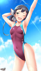 Rule 34 | 1girl, ahoge, alternate costume, aqua one-piece swimsuit, black hair, blush, breasts, cloud, cloudy sky, collarbone, competition swimsuit, covered navel, cowboy shot, dated, day, fujinami (kancolle), hair between eyes, hair ribbon, highres, kantai collection, long hair, looking at viewer, one-piece swimsuit, open mouth, purple one-piece swimsuit, ribbon, side ponytail, signature, sky, small breasts, solo, sun, swimsuit, tsuchimiya, two-tone swimsuit, white ribbon, yellow eyes