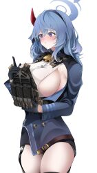 Rule 34 | 1girl, ako (blue archive), bell, black gloves, blue archive, blue eyes, blue hair, blush, breasts, collar, earrings, fte (fifteen 199), gloves, hair between eyes, hairband, halo, highres, huge breasts, jewelry, long hair, long sleeves, magazine (weapon), neck bell, bulletproof vest, pout, sideboob, simple background, skirt, solo, sweat, tears, thighhighs, undersized clothes