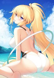 Rule 34 | 1girl, ass, bare arms, bare shoulders, barefoot, blonde hair, blue eyes, blue sky, blush, breasts, cloud, cloudy sky, commentary request, competition swimsuit, fate/grand order, fate (series), feet out of frame, from behind, highleg, highleg swimsuit, highres, hoop, hula hoop, jeanne d&#039;arc (fate), jeanne d&#039;arc (swimsuit archer) (fate), jeanne d&#039;arc (swimsuit archer) (second ascension) (fate), long hair, looking at viewer, looking back, medium breasts, miko (royal milk), mouth hold, one-piece swimsuit, outdoors, ponytail, sitting, sky, solo, swimsuit, thighs, wariza, water, water drop, wet, whistle, white one-piece swimsuit