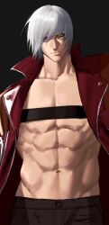 Rule 34 | 1boy, belt bra, bishounen, black background, blue eyes, closed mouth, coat, dante (devil may cry), devil may cry, devil may cry (series), devil may cry 3, emo37337640, highres, jacket, looking at viewer, male focus, muscular, muscular male, navel, open clothes, open coat, red coat, short hair, simple background, smile, solo, white hair