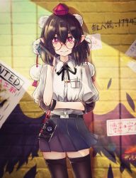 Rule 34 | 1girl, belt, black hair, black ribbon, black skirt, black thighhighs, blouse, camera, collared shirt, frilled skirt, frills, glasses, hakurei fling, hat, highres, looking at viewer, pointy ears, pom pom (clothes), puffy short sleeves, puffy sleeves, red eyes, ribbon, shameimaru aya, shirt, short sleeves, skirt, smile, solo, thighhighs, tokin hat, touhou, v-shaped eyebrows, wall, white shirt