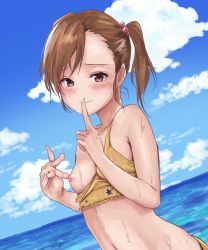 Rule 34 | 1girl, bad id, bad pixiv id, bare shoulders, bikini, bikini pull, breasts, brown hair, closed mouth, clothes pull, commentary request, day, dutch angle, finger to mouth, futami mami, goldowl, hair between eyes, hair bobbles, hair ornament, highres, idolmaster, idolmaster (classic), long hair, looking at viewer, navel, nipples, ocean, red eyes, side ponytail, sketch, sky, small breasts, smile, solo, swimsuit, wet, yellow bikini