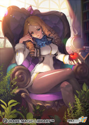 Rule 34 | 1girl, apple, black pantyhose, blonde hair, book, bookshelf, breasts, chair, crossed legs, drill hair, earrings, food, fruit, globe, green eyes, highres, inkwell, jewelry, large breasts, long sleeves, looking at viewer, matsuki ringo, newton (qurare), original, pantyhose, plant, quill, qurare magic library, revision, sitting, solo