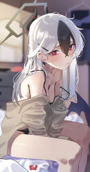 Rule 34 | 1girl, absurdres, black dress, black hair, black horns, black panties, blue archive, blush, breasts, cleavage, closed mouth, condom, condom wrapper, demon horns, dress, feet out of frame, grey hair, grey halo, grey jacket, groin, gubbi on, hair between eyes, halo, highres, horns, jacket, kayoko (blue archive), kayoko (dress) (blue archive), long hair, long sleeves, looking at viewer, multicolored hair, official alternate costume, panties, red eyes, sitting, small breasts, solo, underwear