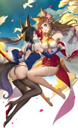 Rule 34 | 2girls, :d, animal ears, ass, back, bare shoulders, barefoot, bird, black footwear, black hair, black legwear, black panties, blue eyes, bow, breasts, brown hair, cleavage, cloud, detached sleeves, dress, eye contact, flower, full body, gold trim, grin, hair bow, hair flower, hair ornament, hair ribbon, halter dress, halterneck, high heels, highres, holding hands, horse ears, horse tail, interlocked fingers, itoucon, long hair, long sleeves, looking at another, medium breasts, multiple girls, open mouth, original, panties, pink flower, ponytail, purple eyes, ribbon, shoes, short dress, single shoe, skindentation, sky, smile, swept bangs, tail, thigh strap, thighhighs, thighs, thong, underwear, very long hair, wide sleeves, yellow bow, yuri
