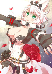 Rule 34 | 1girl, ahoge, arc system works, belt, blush, bouquet, breasts, cleavage, collar, dress, elphelt valentine, female focus, fingerless gloves, flower, gloves, green eyes, guilty gear, guilty gear xrd, guilty gear xrd: revelator, large breasts, open mouth, pantyhose, parted lips, petals, potato (oriha94), red flower, red rose, rose, shiny skin, short hair, smile, solo, spikes, thighhighs, white hair