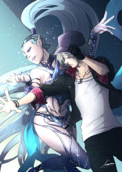 Rule 34 | 1boy, 1girl, adjusting clothes, adjusting headwear, arm up, artist name, black gloves, black pants, blue background, blue eyes, blue hair, blue lips, blue nails, breasts, collarbone, earrings, final fantasy, final fantasy vii, final fantasy vii remake, fingernails, gloves, grey hair, halterneck, hand up, hat, highres, jewelry, leslie kyle, long hair, nail polish, navel, necklace, pants, parted bangs, parted lips, pointy ears, sharp fingernails, shirt, shiva (final fantasy), sideboob, signature, single glove, snowflakes, sparkle, square enix, standing, stomach, teeth, thighs, white shirt, yellow eyes
