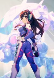 Rule 34 | 1girl, armor, ass, bodysuit, breasts, brown eyes, brown hair, closed mouth, clothes writing, d.va (overwatch), facepaint, facial mark, gloves, gun, hands on own hips, headphones, high collar, holding, holding gun, holding weapon, long hair, looking at viewer, looking back, mecha, meka (overwatch), overwatch, overwatch 1, pauldrons, pilot suit, robot, shoulder armor, skin tight, solo, standing, swept bangs, weapon, whisker markings, white gloves