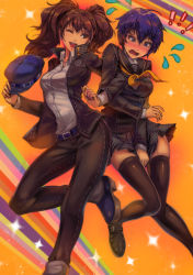 Rule 34 | 2girls, blue hair, breasts, brown hair, clothes pull, cosplay, costume switch, highres, kujikawa rise, multiple girls, persona, persona 4, shirogane naoto, skirt, skirt pull, toasty scones