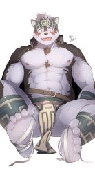 Rule 34 | 1boy, abs, absurdres, animal ears, bara, blush, body fur, bulge, feet, from below, furry, furry male, headband, highres, horkeu kamui, jacket, jacket on shoulders, large pectorals, male focus, mikky, muscular, nipples, pectorals, pov, revealing clothes, scar, simple background, sitting, solo, thighs, tokyo houkago summoners, topless male