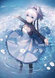 Rule 34 | 1girl, aono 99, blue eyes, closed mouth, commentary request, darker than black, dress, hair ribbon, medium hair, pantyhose, ponytail, purple dress, ribbon, silver hair, solo, wading, water, water drop, yin (darker than black)