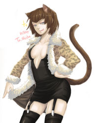 Rule 34 | 1girl, alternate costume, animal ears, animal print, anna williams, bad id, bad pixiv id, black dress, black thighhighs, blue eyes, breasts, brown hair, cat ears, cat tail, cleavage, coat, devy, dress, garter straps, hand on own hip, highres, hip focus, kemonomimi mode, leopard print, licking lips, medium breasts, naughty face, short dress, short hair, shorts, solo, tail, tekken, thighhighs, tongue, tongue out