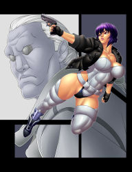 Rule 34 | 1boy, 1girl, abs, batou (gits), belt, breasts, cleavage, cyberpunk, cyborg, fingerless gloves, ghost in the shell, gloves, gun, highres, hip focus, jacket, kusanagi motoko, large breasts, leotard, lips, masato (mk), muscular, purple hair, red eyes, short hair, thick thighs, thighhighs, thighs, weapon, wide hips