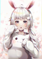 Rule 34 | 1girl, :3, :o, absurdres, ahoge, animal ears, blush, borrowed character, cat hair ornament, cat-shaped pillow, flower, grey eyes, hair ornament, hands up, heart, highres, holding, holding pillow, long hair, long sleeves, looking at viewer, mirage (rairudiseu), original, pillow, rabbit ears, rabbit girl, sidelocks, sleeves past fingers, sleeves past wrists, solo, sweater, teeth, twintails, upper teeth only, white flower, white hair, white sweater