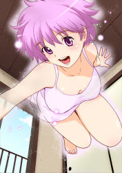 Rule 34 | 1girl, barefoot, blush, breasts, camisole, cleavage, downblouse, dress, feet, floating, ghost, glowing, happy, indoors, itoshi no kana, kana (itoshi no kana), light particles, open mouth, outstretched arms, purple eyes, purple hair, solo, sparkle, spread arms, tanaka yutaka, window