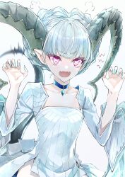 Rule 34 | 1girl, aqua hair, braid, breasts, choker, claw pose, collarbone, crown braid, curled horns, dress, fangs, fate/grand order, fate (series), hands up, highres, horns, jewelry, kino kokko, larva tiamat (fate), larva tiamat (first ascension) (fate), long hair, long horns, long sleeves, looking at viewer, open mouth, pendant, pink eyes, pointy ears, revision, ribbed dress, small breasts, solo, symbol-shaped pupils, tail, tiamat (fate), white dress