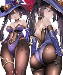 Rule 34 | 1girl, ass, back, bare shoulders, black hair, blue headwear, blush, breasts, cleavage, genshin impact, green eyes, highleg, highleg leotard, highres, keishi surota, leotard, long hair, looking at viewer, looking back, medium breasts, mona (genshin impact), multiple views, open mouth, pantyhose, solo, thighs, twintails