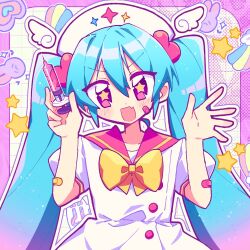 Rule 34 | 1girl, bandaid, bandaid on arm, blush, bow, dress, fang, gradient hair, hat, hatsune miku, head wings, holding, holding syringe, looking at viewer, m@gical cure! love shot! (vocaloid), multicolored hair, nise dorothia, nurse cap, open mouth, pink eyes, pink hair, pink sailor collar, puffy short sleeves, puffy sleeves, sailor collar, short sleeves, skin fang, smile, solo, star-shaped pupils, star (symbol), symbol-shaped pupils, syringe, vocaloid, white dress, wings, yellow bow