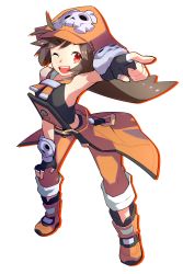 Rule 34 | 1girl, ;), boots, breasts, brown hair, fingerless gloves, full body, gloves, guilty gear, haise, hand on own knee, hat, highres, long hair, may (guilty gear), one eye closed, orange eyes, pants, pants rolled up, pirate hat, pointing, pointing forward, sailor collar, showgirl skirt, sleeveless, small breasts, smile, solo