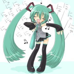 Rule 34 | blush, chibi, dd (ijigendd), detached sleeves, elbow gloves, closed eyes, flat chest, gloves, green eyes, green hair, hatsune miku, long hair, microphone, miniskirt, music, necktie, singing, skirt, solo, standing, thighhighs, twintails, vocaloid