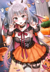 Rule 34 | 1girl, bat wings, black cape, black choker, black horns, blush, breasts, brown eyes, candy, candy wrapper, cape, choker, claw pose, cleavage, clothing request, collarbone, commentary request, demon tail, detached sleeves, double bun, dress, facial mark, fake horns, fangs, fishnet thighhighs, fishnets, food, garter straps, ghost, grey hair, hair bun, hair ornament, halloween, hands up, heart, hood, hood down, hooded cape, horns, indoors, jack-o&#039;-lantern, jewelry, lace, lace-trimmed choker, lace-trimmed dress, lace-trimmed legwear, lace-trimmed ribbon, lace trim, large breasts, leaning forward, long hair, looking at viewer, md5 mismatch, nail polish, open mouth, orange dress, original, pink cape, pink nails, puffy short sleeves, puffy sleeves, rangu, red nails, red ribbon, resolution mismatch, ribbon, short sleeves, sleeveless, sleeveless dress, smile, solo, source larger, strapless, strapless dress, striped clothes, striped dress, tail, thighhighs, usagyaru (rangu), very long hair, window, wings, wooden floor