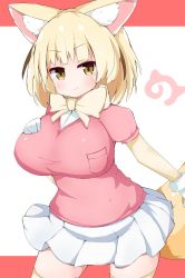 Rule 34 | 1girl, animal ear fluff, animal ears, berusa (berutoo), blonde hair, blush, bow, bowtie, breasts, contrapposto, cowboy shot, fennec (kemono friends), fox ears, fox tail, fur trim, gloves, hand on own chest, highres, kemono friends, large breasts, pink background, pink shirt, pleated skirt, shirt, short hair, simple background, skirt, smile, solo, tail, thighhighs, white background, white skirt, yellow bow, yellow bowtie, yellow eyes, yellow thighhighs