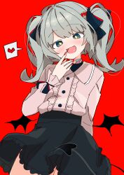 Rule 34 | 1girl, absurdres, alternate costume, bandaid, bandaid on neck, black skirt, blush, bow, buttons, collared shirt, demon tail, detached wings, fang, finger to mouth, hair bow, hair ornament, half-closed eyes, hatsune miku, heart, heart hair ornament, highres, lace trim, looking at viewer, red background, red nails, shirt, skirt, smile, speech bubble, spoken heart, tail, thighs, twintails, uruti 2388, vampire, vampire (vocaloid), vocaloid, wings