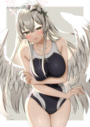 Rule 34 | 1girl, absurdres, alternate costume, blue archive, blush, breasts, collarbone, commentary request, flower, grey eyes, grey hair, hair between eyes, hair flower, hair ornament, halo, highres, large breasts, long hair, looking at viewer, nagisa (blue archive), open mouth, outside border, school swimsuit, simple background, solo, sweat, swimsuit, twitter username, white background, wings, yamano rokamizu