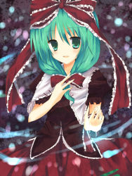 Rule 34 | 1girl, :d, bad id, bad pixiv id, blush, bow, bowtie, dress, female focus, front ponytail, green eyes, green hair, hand on own chest, hane riu, kagiyama hina, looking at viewer, matching hair/eyes, open mouth, puffy short sleeves, puffy sleeves, red bow, red bowtie, red dress, ribbon, short sleeves, smile, solo, tareme, touhou