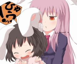 Rule 34 | 2girls, animal ears, black hair, blowing, blush, rabbit, ear blowing, closed eyes, female focus, hand on shoulder, inaba tewi, jacket, long hair, maromi gou, multiple girls, necktie, open mouth, purple hair, rabbit ears, red eyes, red necktie, reisen udongein inaba, shirt, short hair, touhou, uncommon stimulation, very long hair