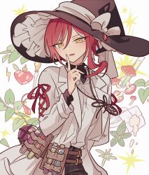Rule 34 | 1boy, arms behind back, bad id, bad pixiv id, black hat, bow, collared shirt, cowboy shot, ensemble stars!, erlenmeyer flask, finger to mouth, flask, fly agaric, hand up, hat, hat bow, heart, index finger raised, jewelry, lab coat, leaf, long hair, long sleeves, looking at viewer, male focus, meremero, multicolored hair, mushroom, necklace, open mouth, red hair, sakasaki natsume, shirt, smile, solo, standing, star (symbol), streaked hair, white hair, white shirt, witch hat, yellow eyes