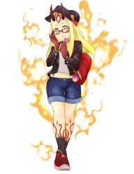 Rule 34 | 1girl, absurdres, beret, black hat, black jacket, black socks, blonde hair, blue shorts, blurry, blurry background, candy, closed mouth, commentary request, denim, denim shorts, depth of field, facial mark, fang, fang out, fate/grand order, fate (series), fire, food, forehead mark, hat, head tilt, highres, holding, holding candy, holding food, holding lollipop, horns, ibaraki douji (fate), jacket, lollipop, long sleeves, navel, oni, oni horns, open clothes, open jacket, red footwear, shirt, shoes, short shorts, shorts, simple background, socks, solo, white background, white shirt, yellow eyes, ying yue (sarah22108)