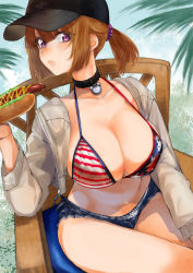 Rule 34 | 1girl, :o, american flag bikini, baseball cap, bikini, breasts, brown hair, cleavage, collarbone, flag print, girls&#039; frontline, grizzly mkv (girls&#039; frontline), hat, highres, hot dog, ketchup, kojima (blue stardust), large breasts, looking at viewer, mismatched bikini, multicolored bikini, multicolored clothes, mustard, navel, on chair, pink eyes, short ponytail, sitting, solo, swimsuit