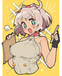 Rule 34 | 1girl, black gloves, blush, breasts, collar, elphelt valentine, fingerless gloves, gloves, green eyes, grey hair, guilty gear, guilty gear strive, hairband, itsuka neru, large breasts, looking at viewer, open mouth, short hair, sideboob, smile, solo, spiked collar, spiked hairband, spikes, upper body