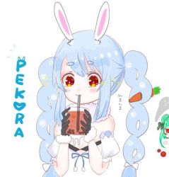 Rule 34 | 2girls, animal ear fluff, animal ears, aqua hair, arm cuffs, artist self-insert, black gloves, blue hair, blush, braid, bubble tea, carrot, carrot hair ornament, character name, coat, commentary request, creature, detached sleeves, drinking, drinking straw, drinking straw in mouth, extra ears, eyebrows, food, food-themed hair ornament, fur-trimmed gloves, fur trim, gloves, hair ornament, heart, holding, hololive, light blue hair, long hair, looking at viewer, mouth hold, multiple girls, puffy short sleeves, puffy sleeves, rabbit-shaped pupils, rabbit ears, rabbit girl, red eyes, short sleeves, sidelocks, simple background, symbol-shaped pupils, thick eyebrows, translation request, twin braids, twintails, upper body, uruha rushia, uruha rushia (artist), usada pekora, usada pekora (1st costume), virtual youtuber, white background, white coat