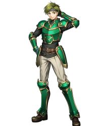 Rule 34 | 1boy, arm behind head, arm up, armor, artist request, boots, closed mouth, elbow pads, fire emblem, fire emblem: the blazing blade, fire emblem heroes, full body, gauntlets, green armor, green eyes, green hair, hand on own hip, headband, highres, knee boots, long sleeves, looking at viewer, male focus, nintendo, non-web source, official art, pants, sain (fire emblem), short hair, shoulder armor, smile, standing, transparent background, turtleneck