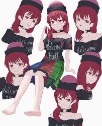 Rule 34 | 1girl, bad id, bad pixiv id, bare shoulders, barefoot, black choker, black headwear, black neckwear, black shirt, blue skirt, blush, choker, clothes writing, florentia menma, green skirt, hair between eyes, hand up, heart, heart print, hecatia lapislazuli, highres, looking at viewer, looking away, looking to the side, multicolored clothes, multicolored skirt, open mouth, pink headwear, red eyes, red hair, red skirt, shirt, short sleeves, simple background, sitting, skirt, smile, solo, t-shirt, teeth, touhou, white background