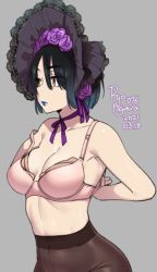Rule 34 | 1girl, 2021, agawa ryou, arms behind back, artist name, bonnet, bra, breasts, brown eyes, commentary, dated, english commentary, grey background, medium breasts, original, pantyhose, pink bra, signature, simple background, solo, underwear