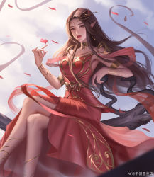 Rule 34 | 1girl, absurdres, artist request, bare legs, blue sky, brown hair, cai lin (doupo cangqiong), cloud, cloudy sky, doupo cangqiong, dress, falling petals, from below, hair ornament, highres, jewelry, long hair, petals, pointy ears, red dress, second-party source, sitting, sky, snake, solo