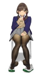 Rule 34 | 1girl, beige cardigan, blazer, blue jacket, blush, brown eyes, brown hair, brown pantyhose, cardigan, cellphone, closed mouth, collared shirt, covering privates, covering crotch, feet, full body, glaring, grey skirt, highres, holding, holding phone, jacket, long sleeves, looking at viewer, looking back, miru tights, pantyhose, phone, pleated skirt, school uniform, shirt, shoes, unworn shoes, simple background, sitting, skirt, smartphone, solo, thighs, uwabaki, v-shaped eyebrows, white shirt, yomu (sgt epper)