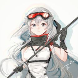 Rule 34 | 1girl, arknights, black gloves, breasts, commentary request, dated, dress, gloves, goggles, goggles on head, grey background, grey eyes, grey hair, hair between eyes, hand up, highres, holding, looking at viewer, medium breasts, moniks39709, mulberry (arknights), parted lips, signature, solo, upper body, white dress