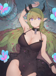 Rule 34 | 1girl, absurdres, arm at side, arm up, armpits, bdsm, bed sheet, black ribbon, blue eyes, breasts, chain, cleavage, collar, drum, ear piercing, elf, grain, green hair, groin, hair between eyes, highres, horns, instrument, large breasts, long hair, looking at viewer, lying, nail polish, nightgown, on back, original, parted lips, petals, piercing, pink nails, pointy ears, ribbon, ribbon trim, slave, smile, solo, straight hair, very long hair, water, wet, wrist cuffs