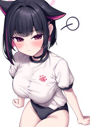 Rule 34 | 1girl, :c, absurdres, animal ears, black choker, black hair, blue archive, blue buruma, blunt ends, blush, breasts, buruma, cat ears, choker, closed mouth, commentary, dated commentary, extra ears, frown, gym uniform, hair intakes, hair ornament, hairclip, halo, highres, impossible clothes, impossible shirt, kazusa (blue archive), large breasts, legs, looking at viewer, medium hair, metaljelly, multicolored hair, paw print, pink eyes, pink hair, pink halo, shirt, short hair, short sleeves, simple background, sitting, solo, thighs, two-tone hair, white background, white shirt