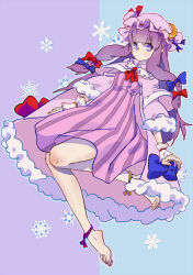Rule 34 | 1girl, anklet, barefoot, blue bow, blush, bow, cape, crescent, crescent hat ornament, dress, feet, fingernails, floating, full body, fur-trimmed cape, fur trim, gloves, hair bow, hat, hat ornament, humanlynn, jewelry, long hair, looking at viewer, mob cap, multiple hair bows, patchouli knowledge, pink cape, purple dress, purple hair, red bow, red ribbon, ribbon, snowflakes, solo, striped clothes, striped dress, toenails, toes, touhou, vertical-striped clothes, vertical-striped dress, white gloves