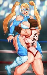 Rule 34 | 2girls, ass, bearhug, blonde hair, blue eyes, blue leotard, breasts, brown hair, cleavage cutout, clothing cutout, daft v lim, heart cutout, highres, knee pads, large breasts, leotard, long hair, mask, multiple girls, muscular, muscular female, open mouth, rainbow mika, short hair, street fighter, street fighter v, sweat, twintails, wince, wrestling, wrestling mask, wrestling outfit, wrestling ring, yamato nadeshiko (street fighter), yuri