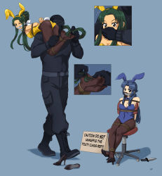 Rule 34 | 1boy, 2girls, absurdres, angry, animal ears, arms behind back, asakura ryouko, ass, bare shoulders, bdsm, blue bow, blue eyes, blue hair, blue leotard, blush, bondage, bound, bound arms, bow, bowtie, breasts, brown eyes, carrying, carrying over shoulder, chair, chloroform, cleavage, cleave gag, cloth gag, covering own mouth, crying, cuffs, detached collar, drugged, fake animal ears, gag, gagged, grabbing, grabbing from behind, green hair, hand gagged, hand over another&#039;s mouth, hand over another's mouth, high heels, highres, improvised gag, knife, leotard, long hair, lost one zero, multiple girls, one eye closed, pantyhose, playboy bunny, rabbit ears, rabbit tail, rope, shoes, sign, strapless, strapless leotard, surprised, suzumiya haruhi no yuuutsu, sweat, tape, tape gag, taped hands, tears, thighhighs, thighs, tickling, tied to chair, tsuruya, unworn shoes, wince, yellow leotard